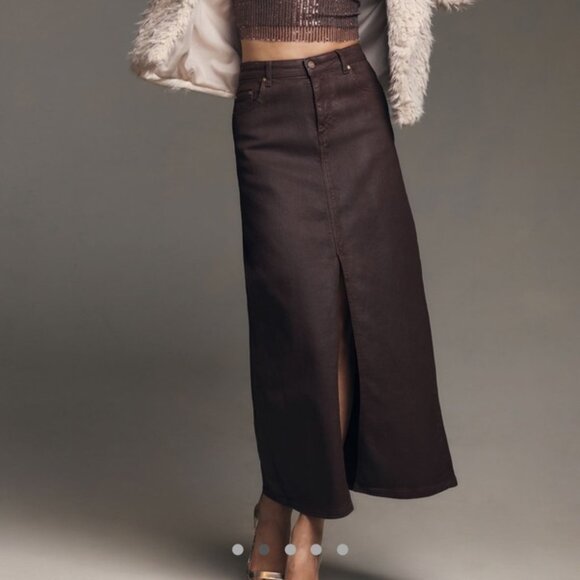 ANTHROPOLOGIE PILCRO The Madi Front-Slit Denim Coated Brick Red Wine 2